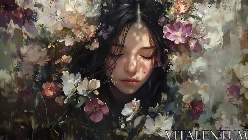 Sleeping girl drifts into a dreamlike garden of painted flowers