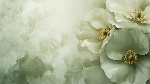 White Peonies with Gold Stamen on Soft Green Base.