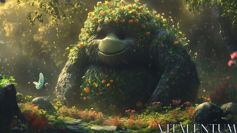 Forest gentle-giant trades sunlit secrets with a glassy moth