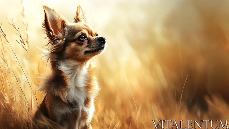 Long-haired chihuahua gazes upward in golden field light