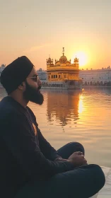 Sunset reflection study at sacred waterside architecture.