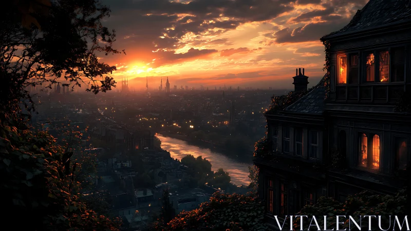 Elevated riverside cityscape at dusk with glowing manor windows