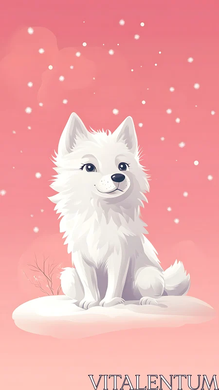 Smiling white puppy sits on pastel pink snowy cloudscape.