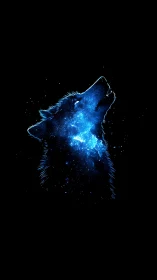 Wolf silhouette formed from blue nebula against black field.