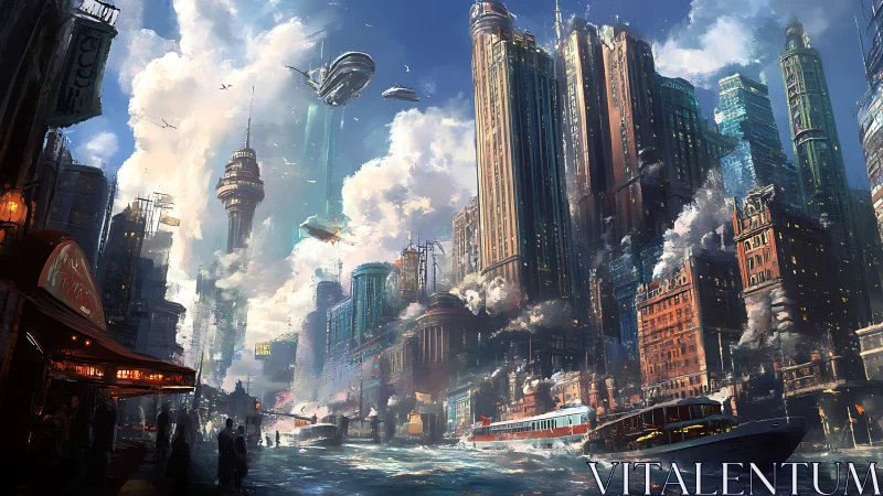 Futuristic harbor megacity rises with towering retro skyscrapers