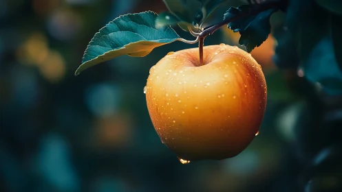 Photorealistic macro of dewy golden apple on dark foliage.