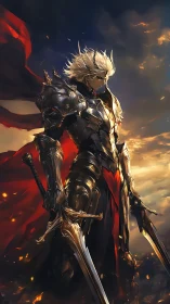 Armored swordsman with dual blades in dramatic sunset sky.