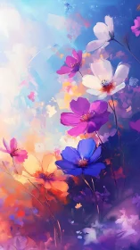 Multicolored cosmos flowers bloom amid luminous atmospheric haze