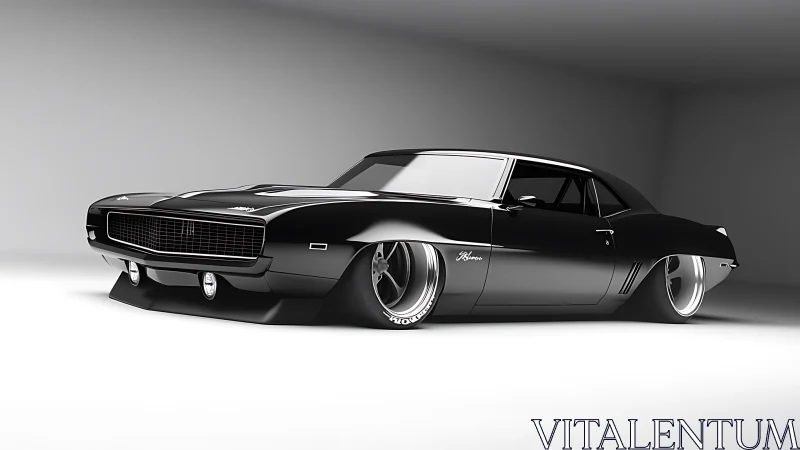 Black pro-touring muscle car render with ultra-wide stance.