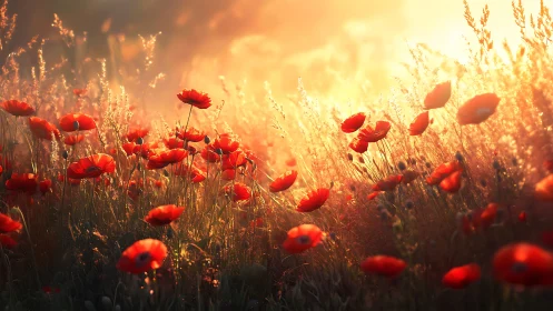 Sunlit poppy meadow glowing warmly in the soft evening light.