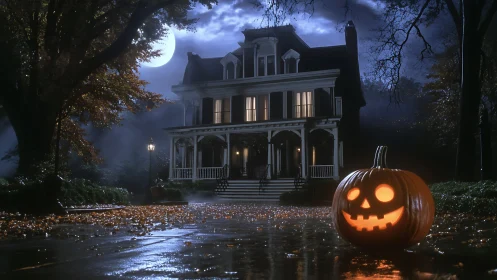 Jack-o-lantern mischief crowns a moonlit haunted mansion drive