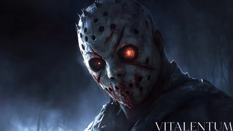 Haunted forest stalker with burning eyes in cracked mask.