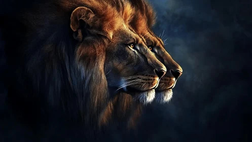 Male lion profile rendered with dramatic lighting.