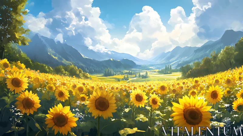 Sunflower field extending toward distant mountain valley.