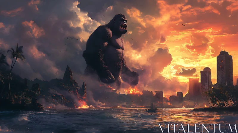 Cinematic digital painting of colossal ape over burning city.
