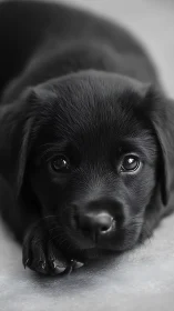 Gentle black puppy rests quietly with soulful, hopeful eyes