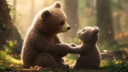 Digital bears in forest clearing holding paws in sunlight.