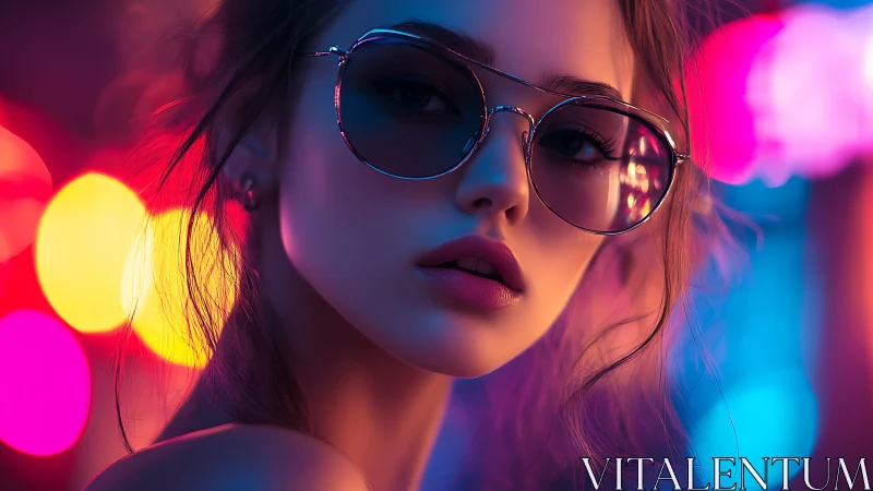 Neon city lights frame a cool, confident woman in shades