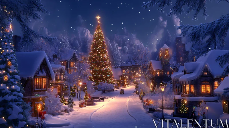 Snowy village street glows under towering Christmas tree