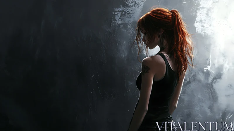 Quiet strength glows around a red-haired woman in shadow