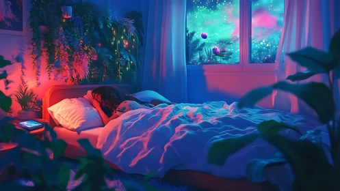 Dreamer sleeps under neon jungle and cosmic window glow.