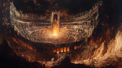 Infernal arena rises in a blazing, apocalyptic canyon.