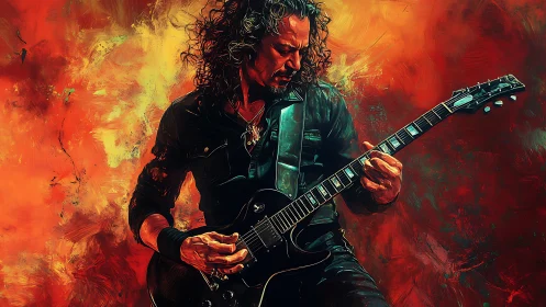 Fiery digital painting of guitarist shredding onstage.