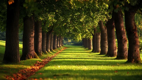 Sunlit tree avenue with symmetric trunks and lush canopy.