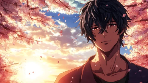 Male anime figure stands under cherry blossoms at sunset