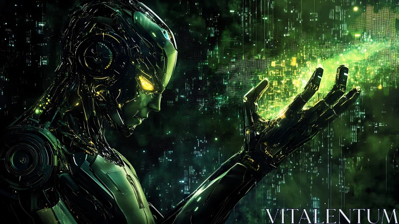 Neon-souled android conjures glowing data from the void.