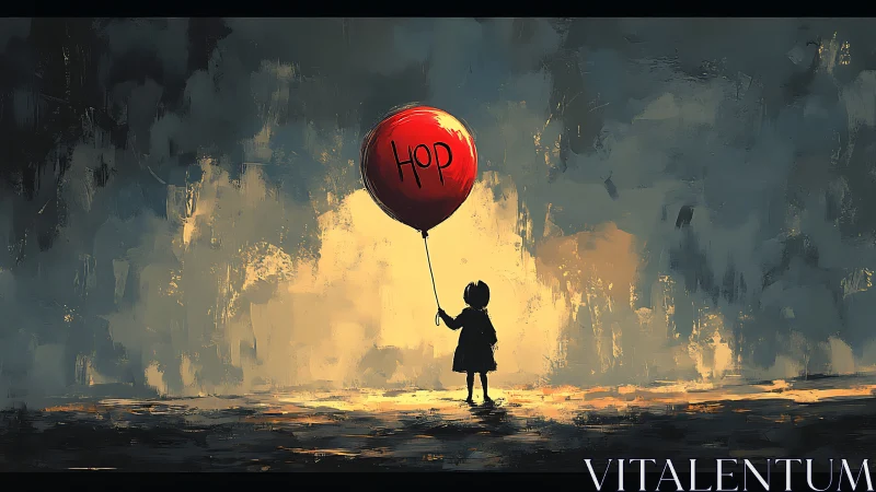 Child silhouette holding red hope balloon in moody light.