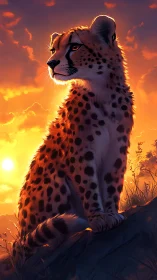 Cheetah figure positioned against dramatic sunset landscape.