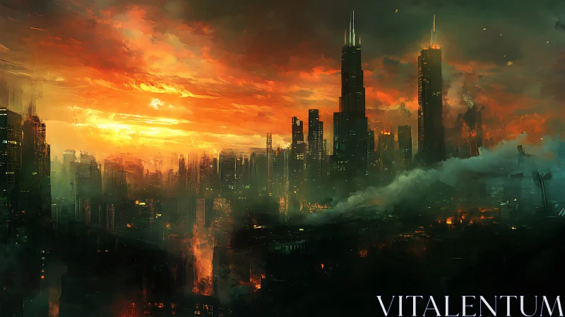 Burning cyberpunk megacity skyline under toxic red sunset