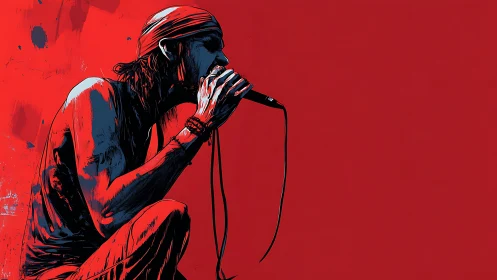 Crimson stage moment with a passionate rock vocalist.