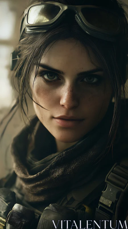 Photorealistic female soldier portrait in tactical gear.