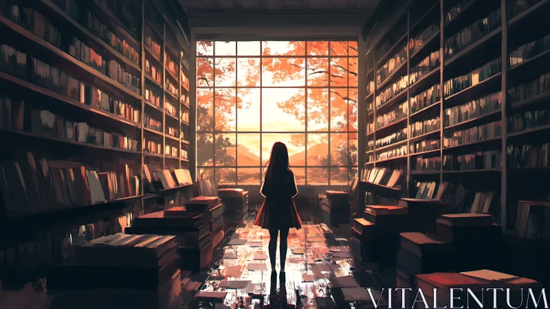 Girl in quiet library facing bright autumn window.