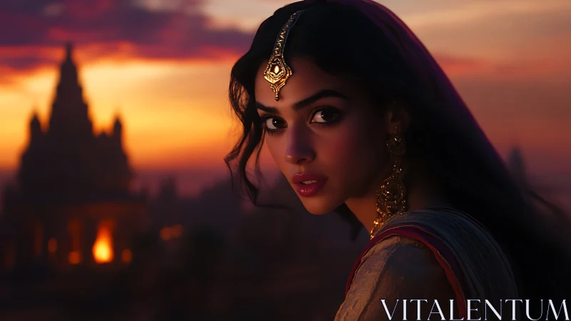 Digital painting portrait with temple skyline at dusk glow.