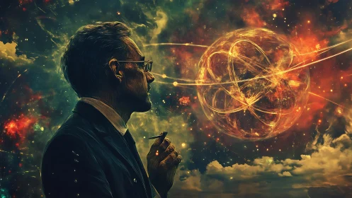 Scientist studies glowing energy sphere in cosmic sky.