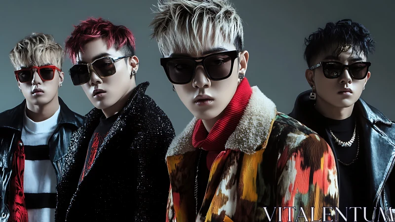 Four stylized male figures in high-contrast fashion portrait lighting