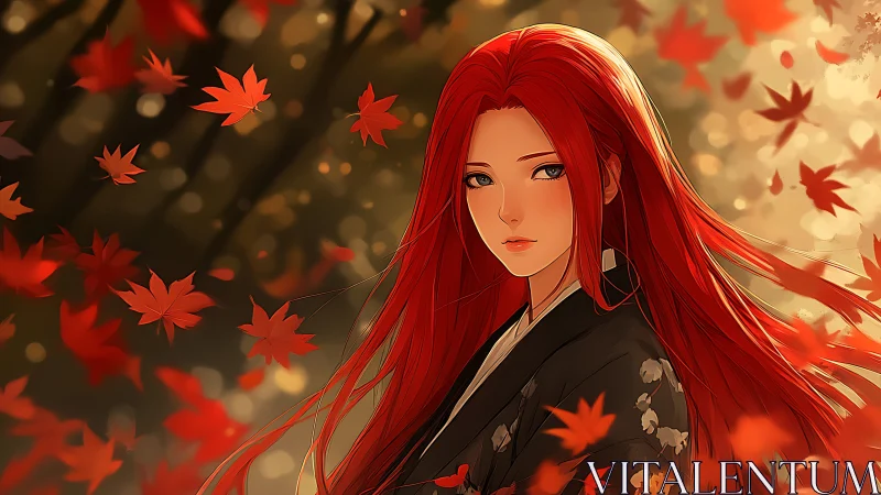 Red haired anime woman amid glowing autumn leaves.