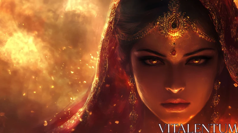 Fire-veiled empress stares through embers and molten dusk.