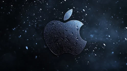 Metallic apple-shaped logo with water droplets on dark field.