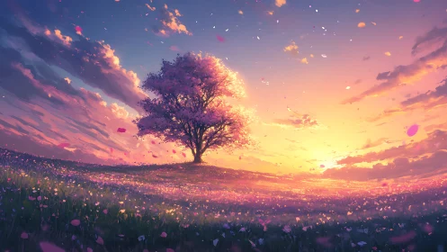 Single cherry tree on horizon under high-saturation sunset sky