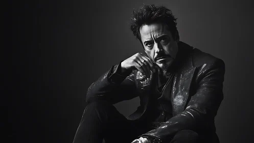 Moody monochrome seated portrait with dramatic side lighting.