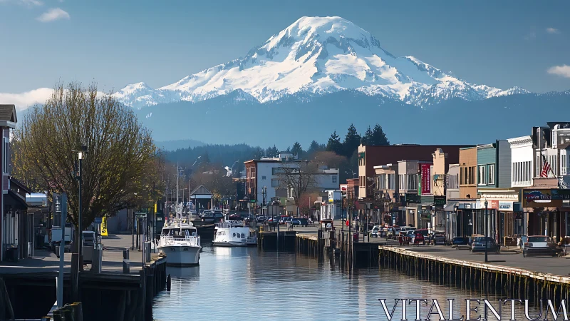 Snowy mountain above small harbor town main street view.