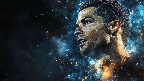 Dynamic portrait of male athlete amid cosmic particle field