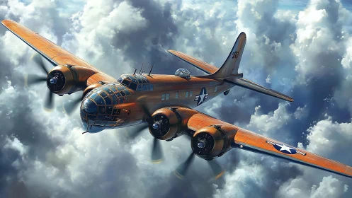 Orange four‑engine military aircraft flying above clouds.