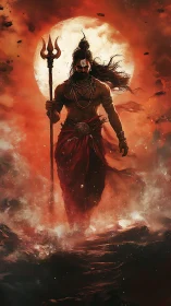 Warrior ascends through turbulent surf before eclipsed blood moon