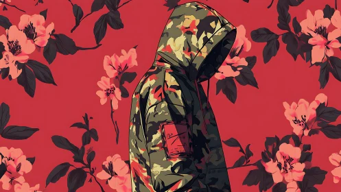Hooded figure in camo jacket stands against floral backdrop