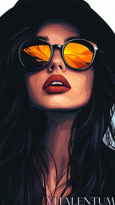 Stylized woman in hat with orange reflective sunglasses